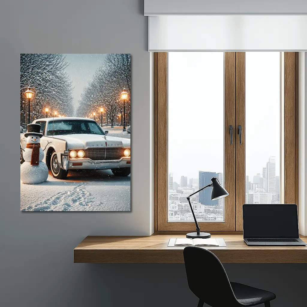 Lincoln Continental Classic Car Snowy Winter Scene – Wall Art