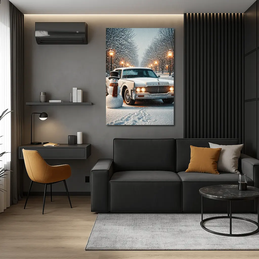 Lincoln Continental Classic Car Snowy Winter Scene – Wall Art
