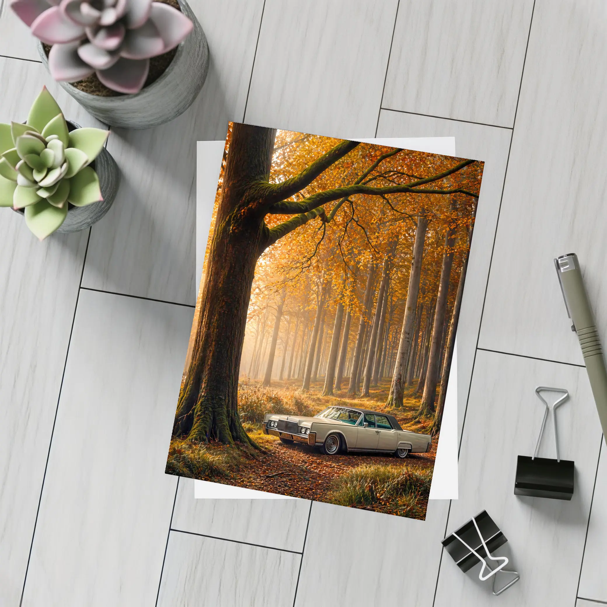 Lincoln Continental Parked In Autumn Forest – Postcards