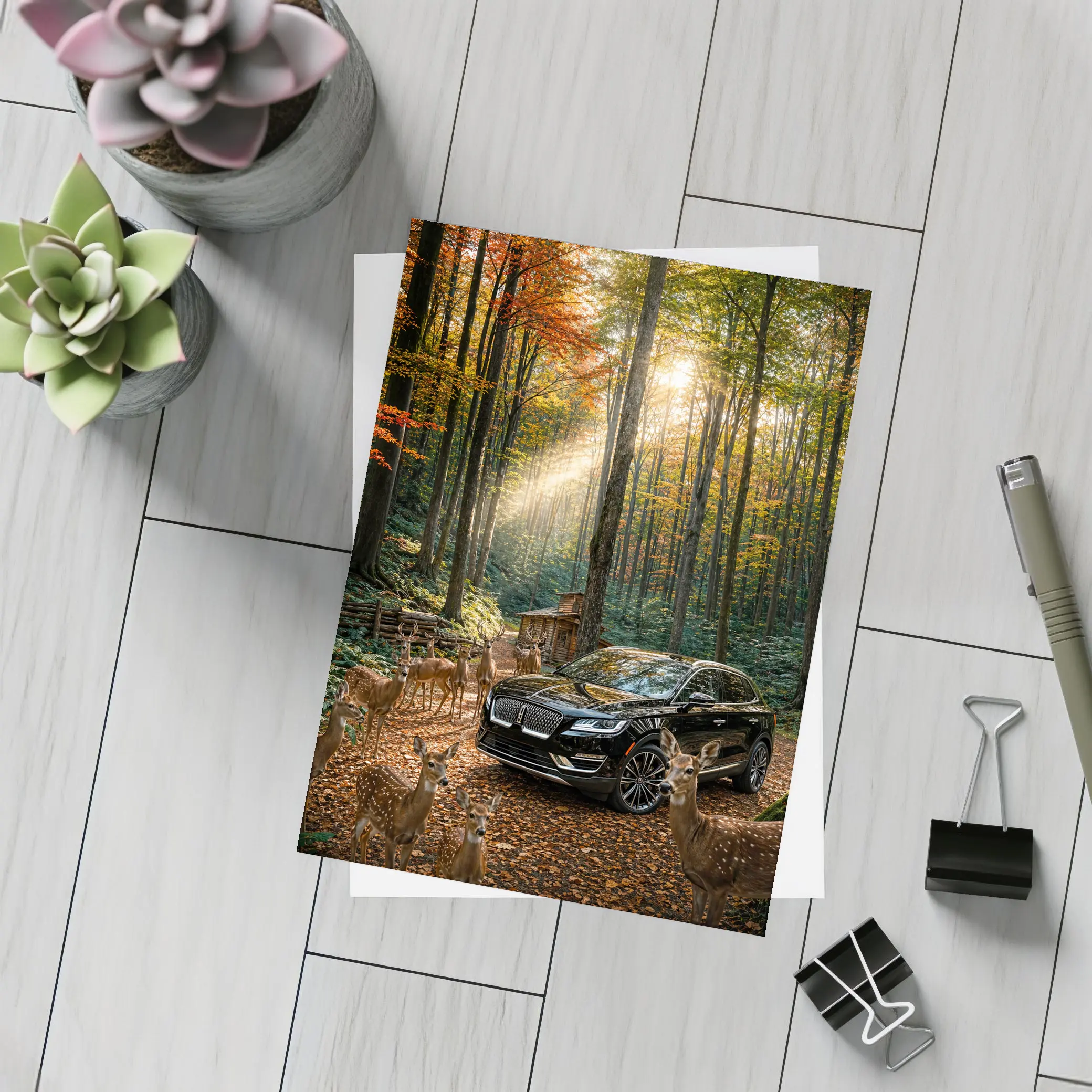 Lincoln MKC Black SUV Autumn Forest Deer – Postcards