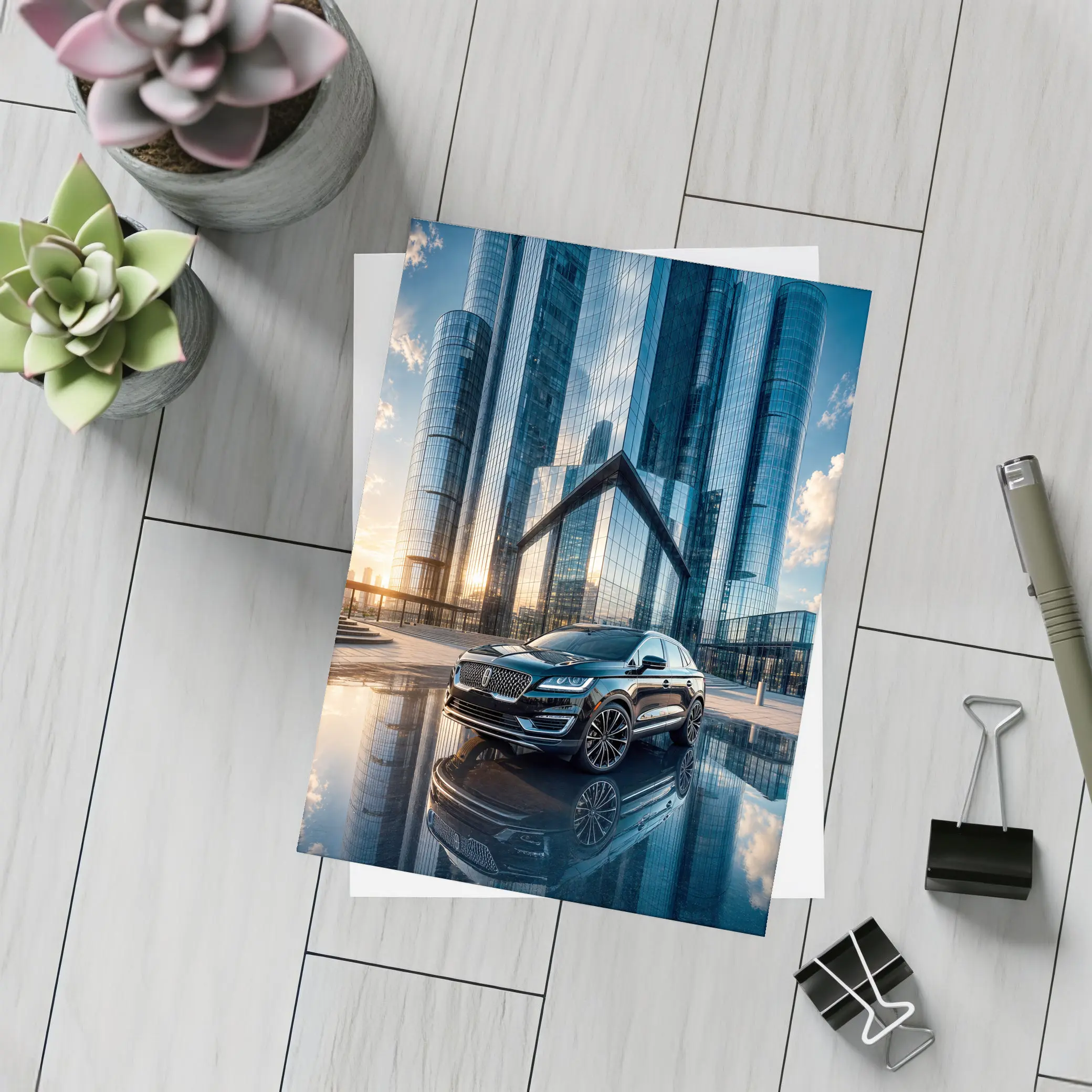 Lincoln MKC SUV Glass Buildings Sunset – Postcards