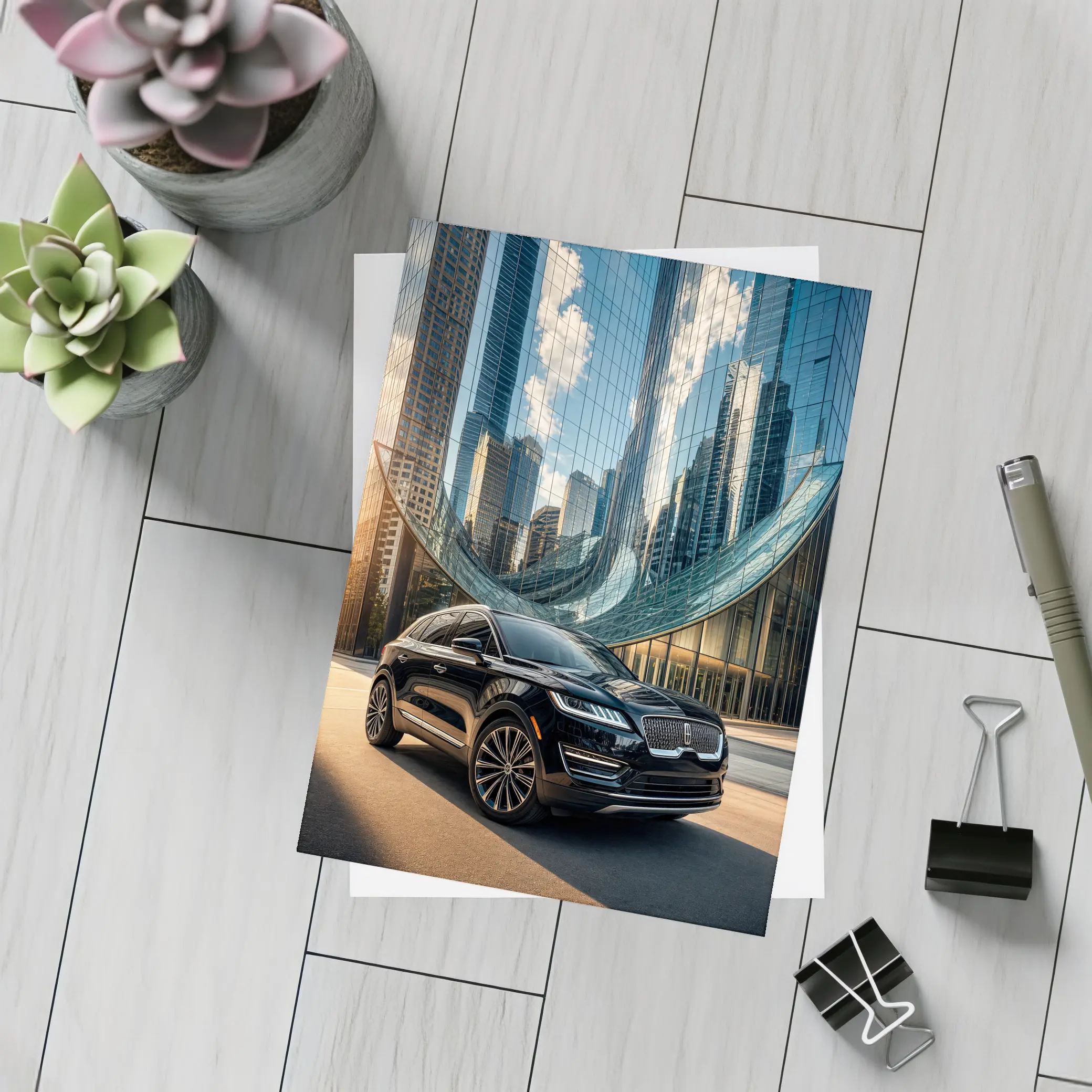 Lincoln MKC Black SUV City Glass Building – Postcards