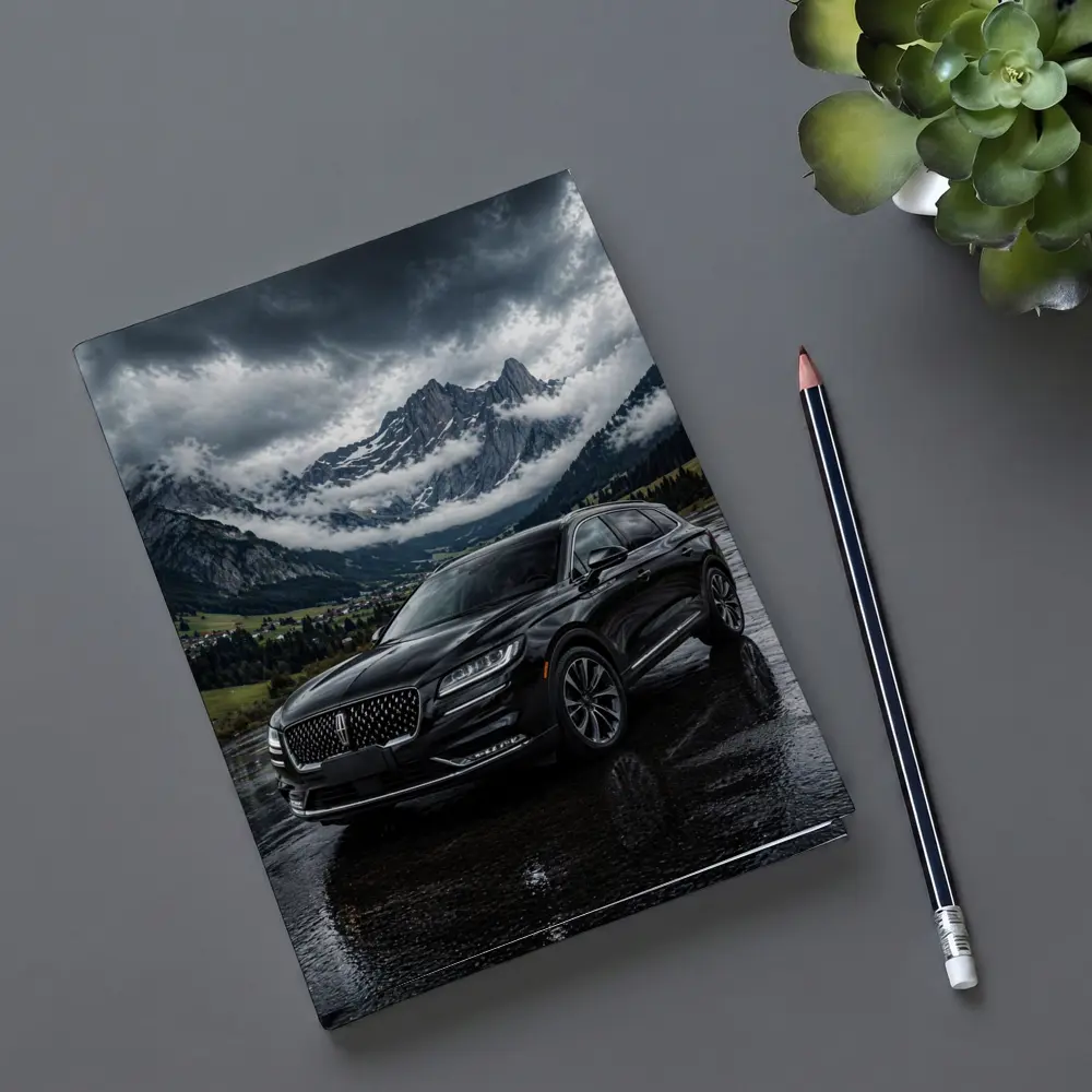 Lincoln Nautilus Black SUV Stormy Mountain Scene – Notebooks