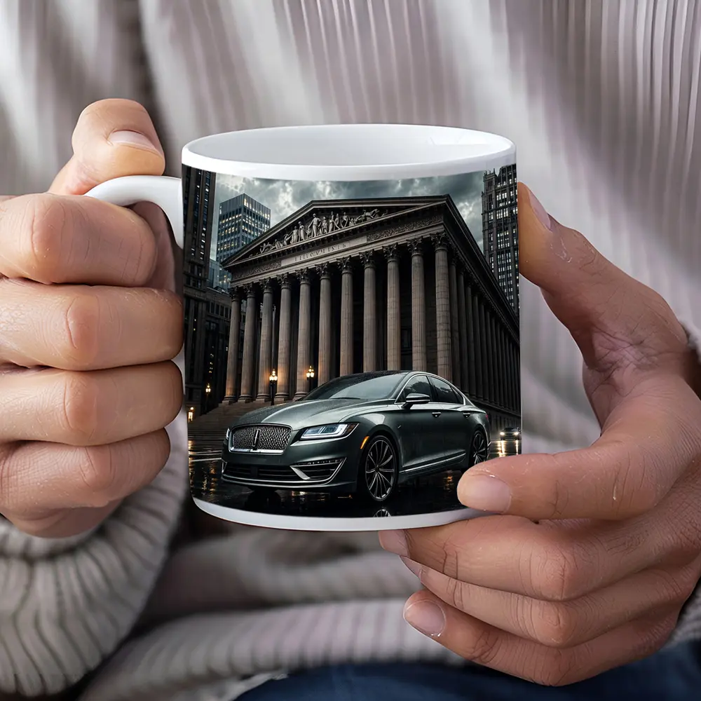 Lincoln MKZ Parked Outside Neoclassical City Building – Mugs