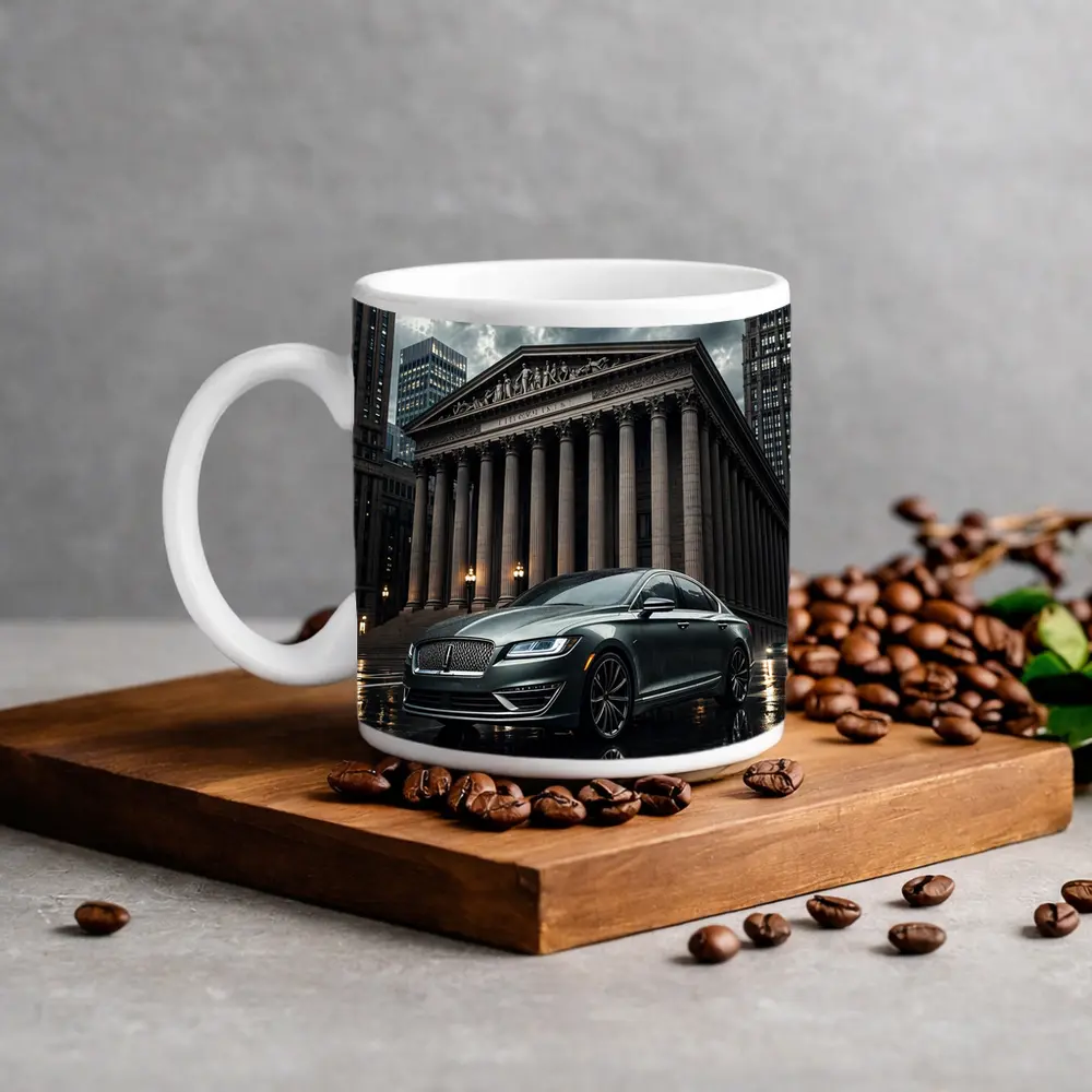Lincoln MKZ Parked Outside Neoclassical City Building – Mugs