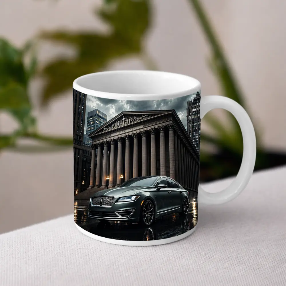 Lincoln MKZ Parked Outside Neoclassical City Building – Mugs