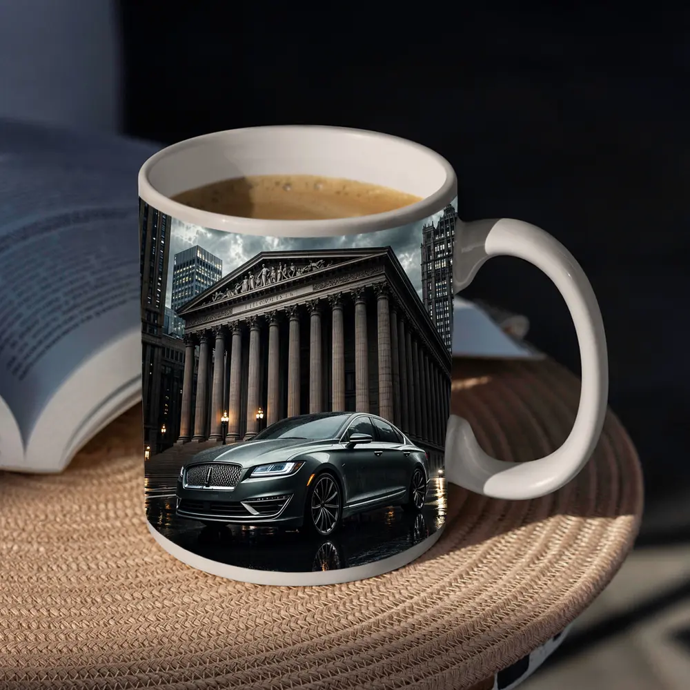 Lincoln MKZ Parked Outside Neoclassical City Building – Mugs