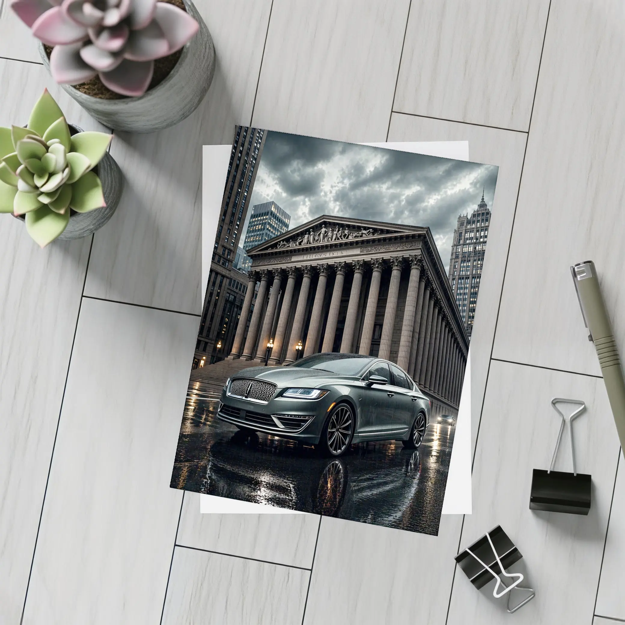 Lincoln MKZ Parked Outside Neoclassical City Building – Postcards