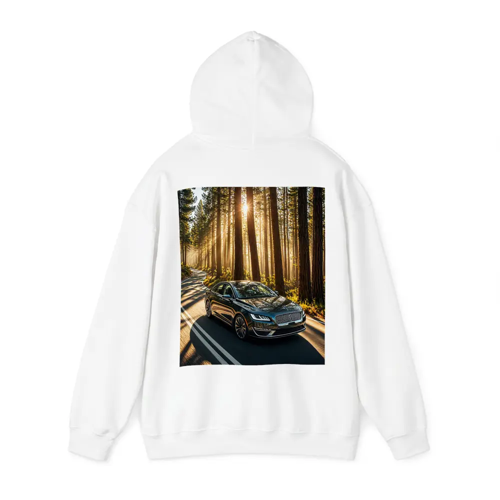 Lincoln MKZ Driving Through Sunlit Forest Road – Hoodies