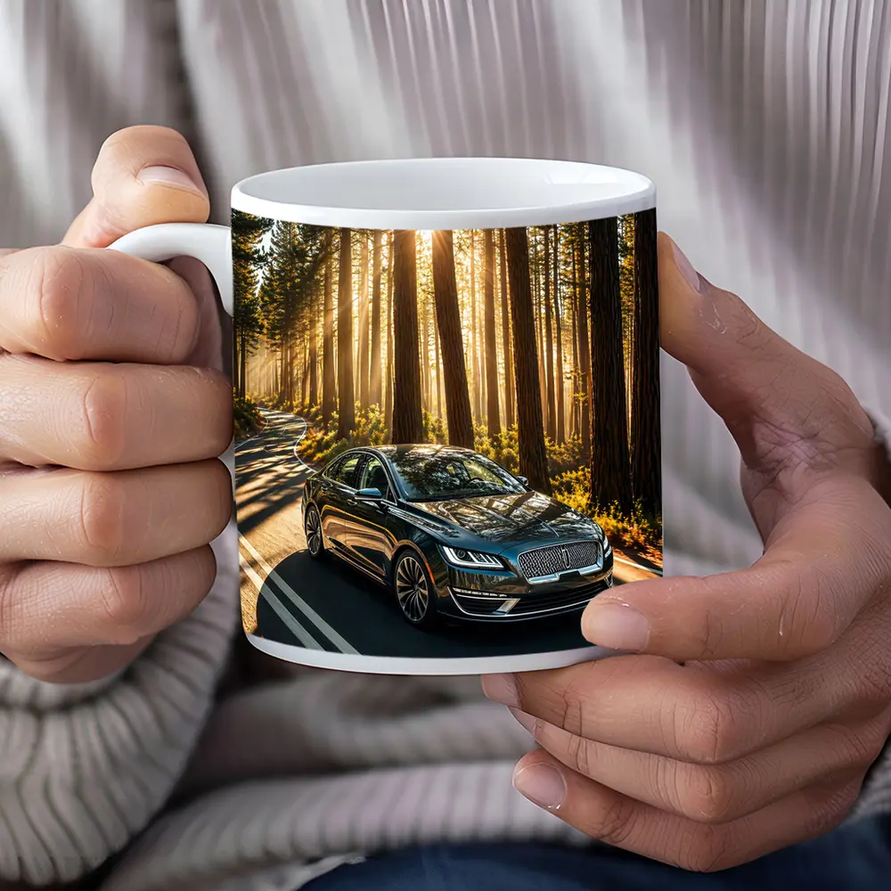 Lincoln MKZ Driving Through Sunlit Forest Road – Mugs