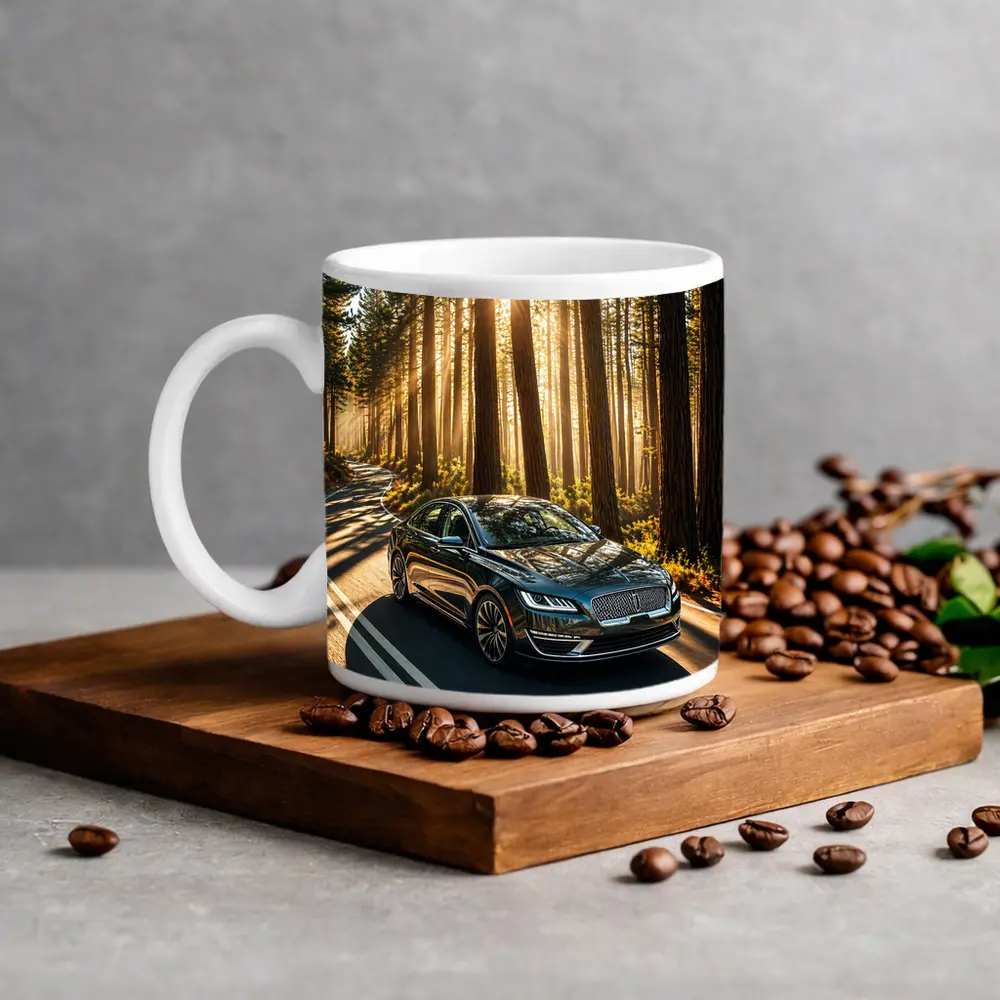 Lincoln MKZ Driving Through Sunlit Forest Road – Mugs