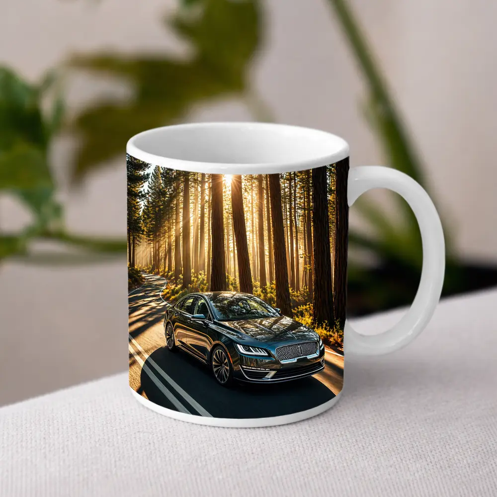 Lincoln MKZ Driving Through Sunlit Forest Road – Mugs