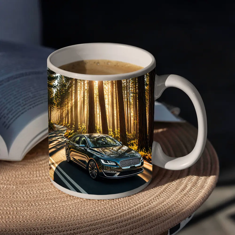Lincoln MKZ Driving Through Sunlit Forest Road – Mugs