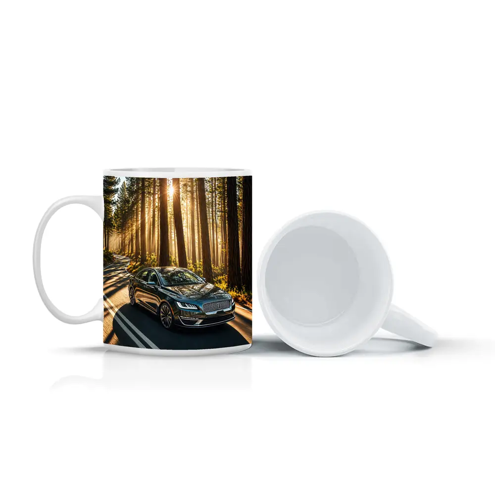 Lincoln MKZ Driving Through Sunlit Forest Road – Mugs