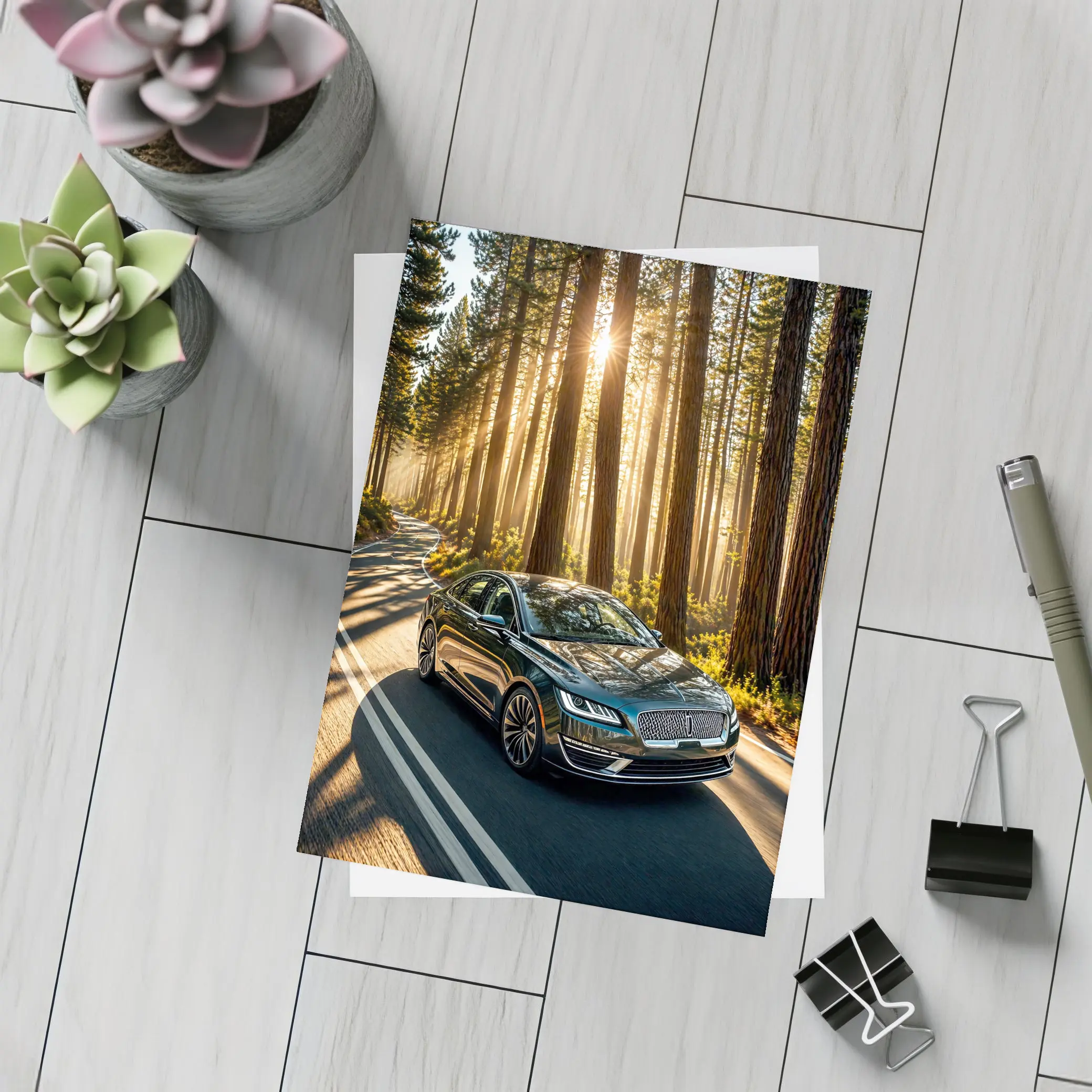 Lincoln MKZ Driving Through Sunlit Forest Road – Postcards