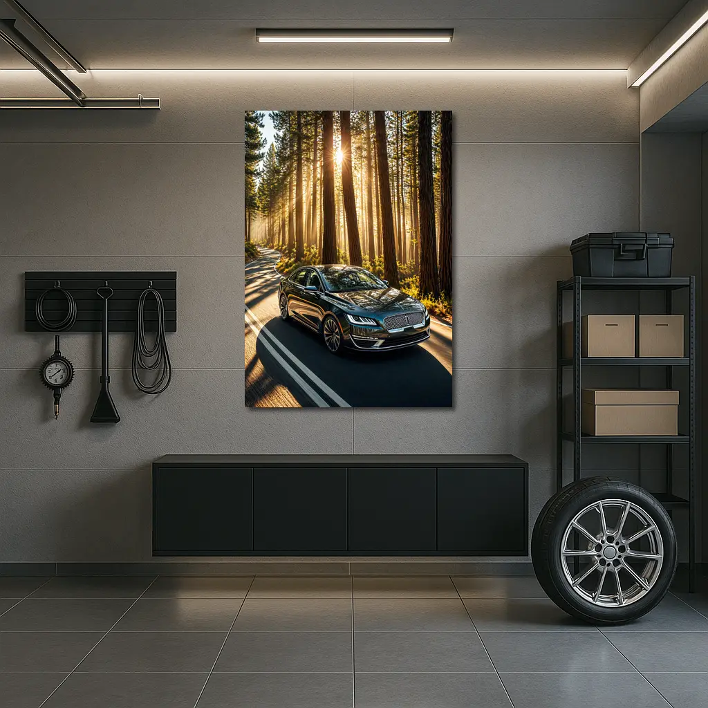 Lincoln MKZ Driving Through Sunlit Forest Road – Wall Art