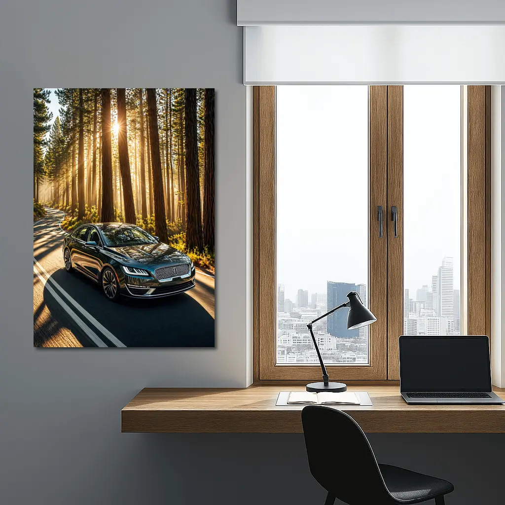 Lincoln MKZ Driving Through Sunlit Forest Road – Wall Art