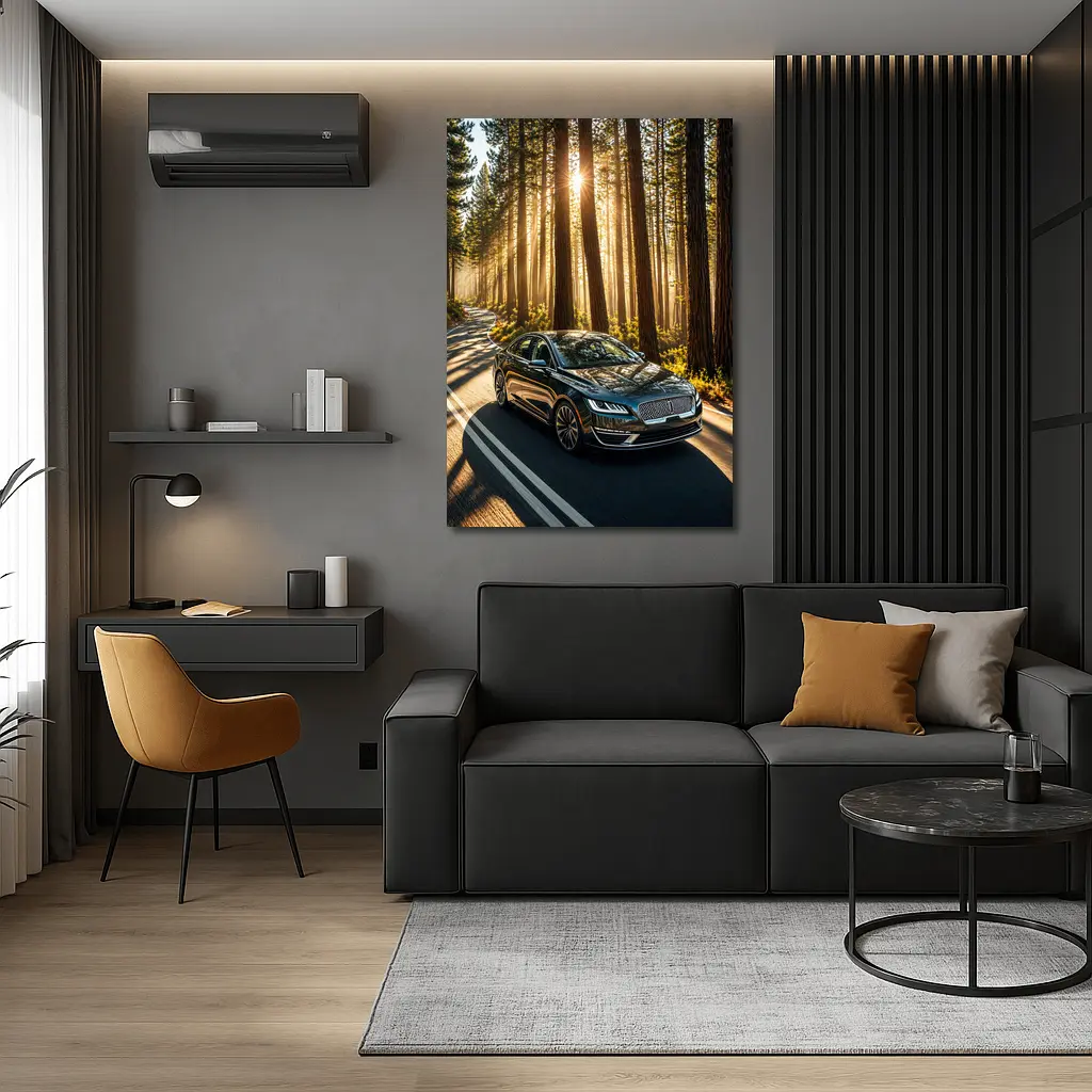 Lincoln MKZ Driving Through Sunlit Forest Road – Wall Art