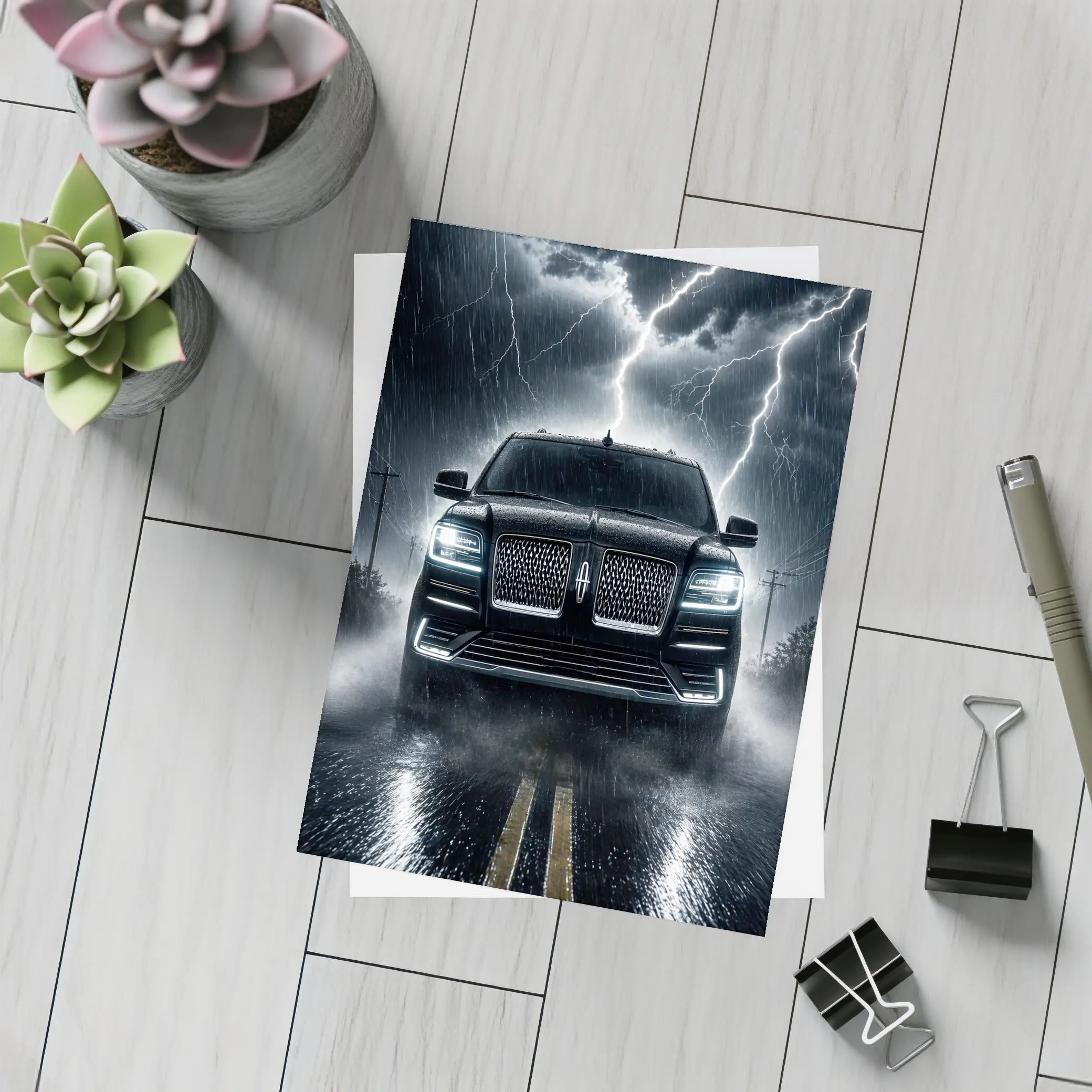 Lincoln Navigator SUV Striking Thunderstorm Night – Postcards