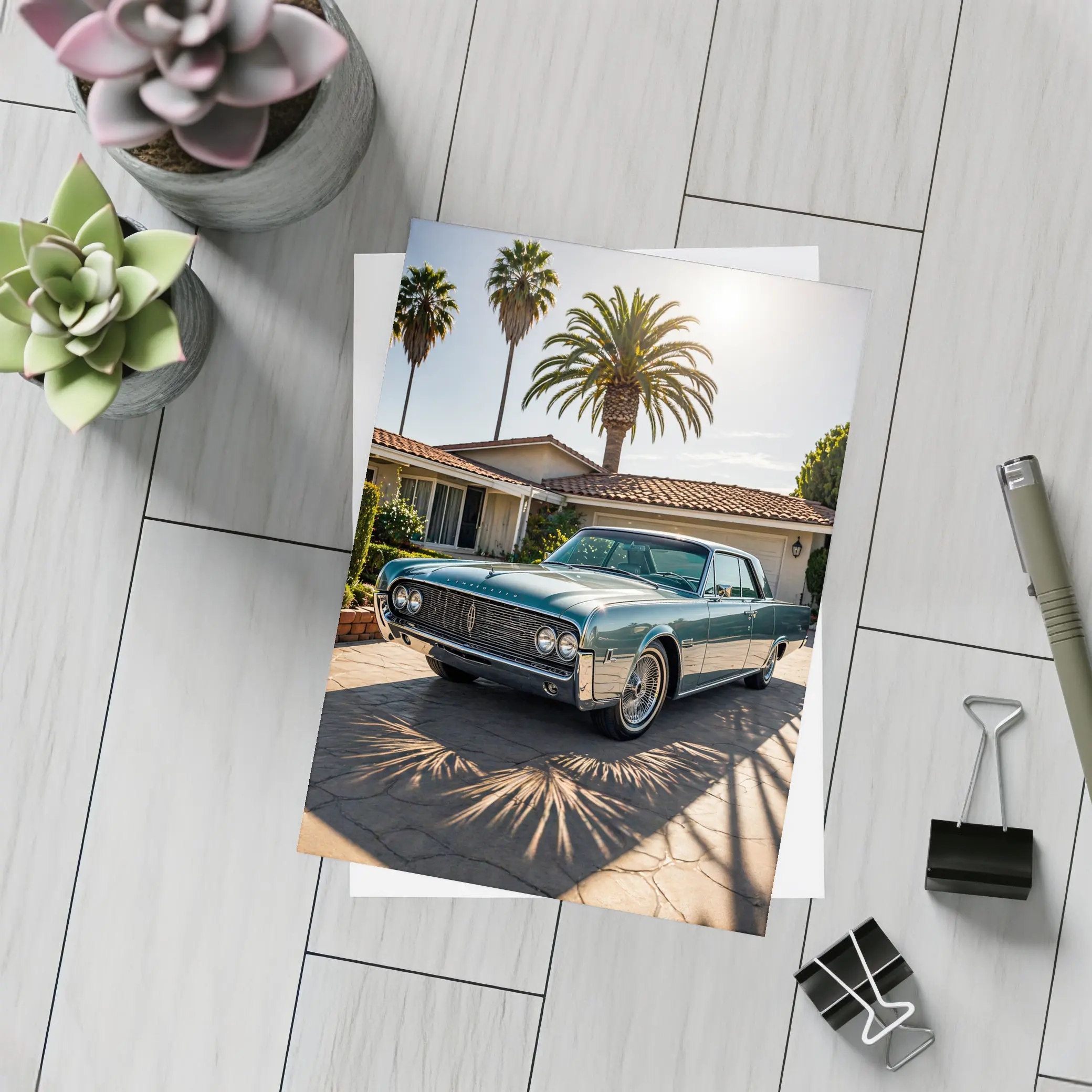 Lincoln Continental Classic Car Palm Trees Driveway – Postcards