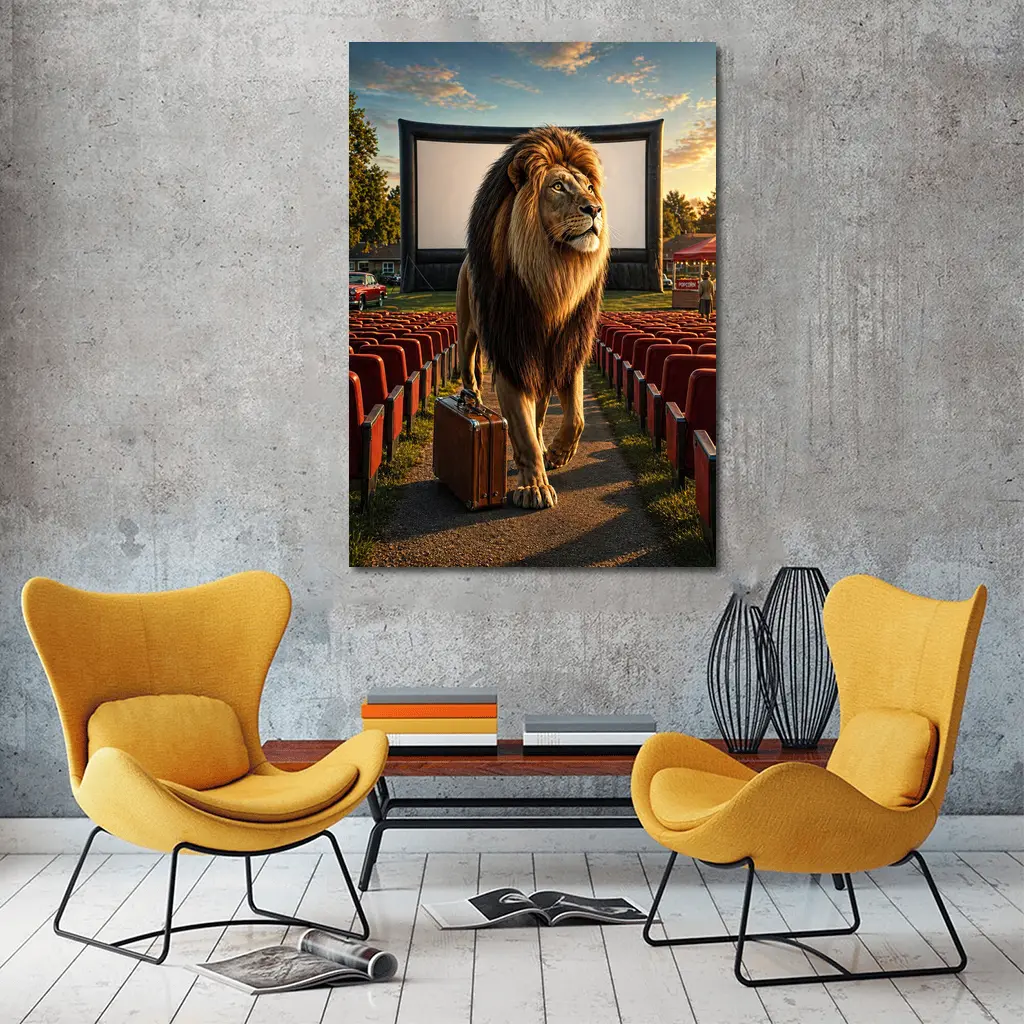 Lion With Suitcase At Outdoor Cinema – Wall Art
