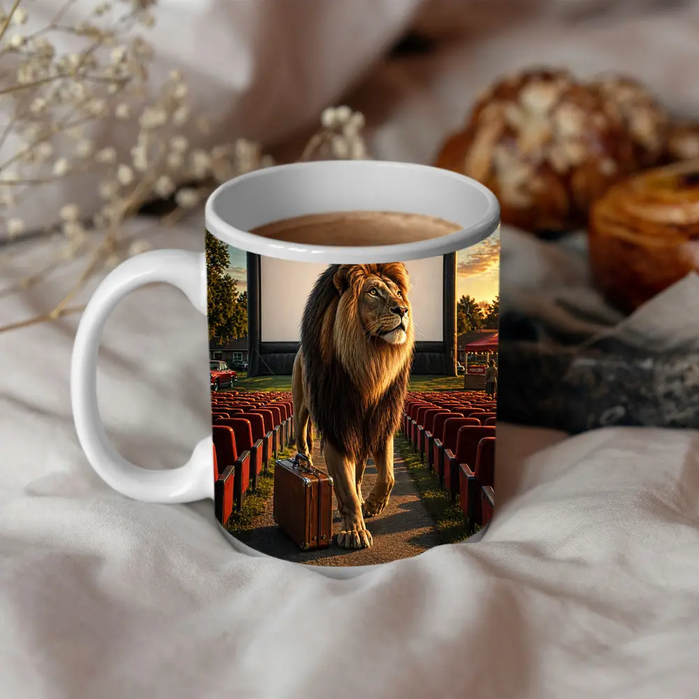 Lion With Suitcase At Outdoor Cinema – Mugs