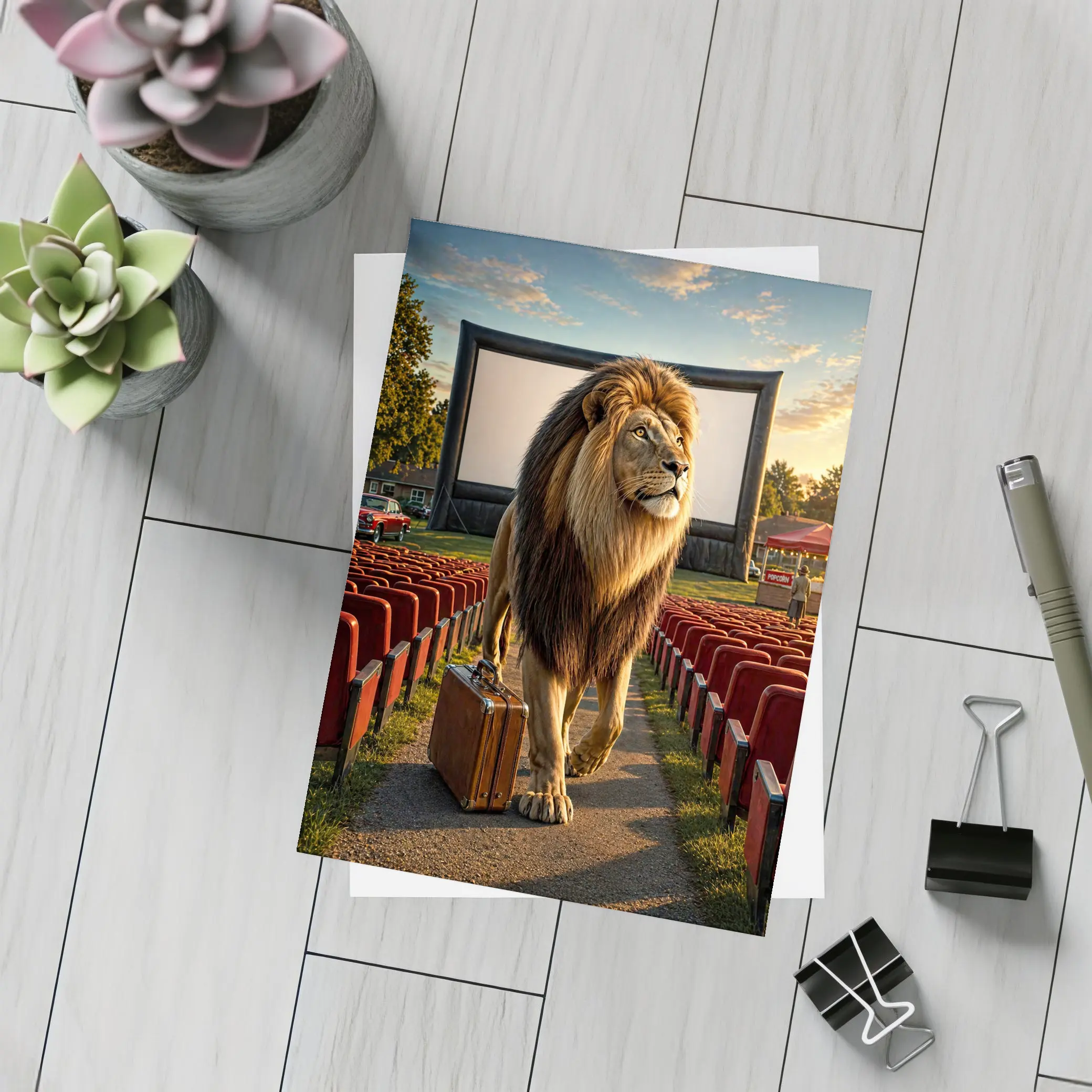 Lion With Suitcase At Outdoor Cinema – Postcards