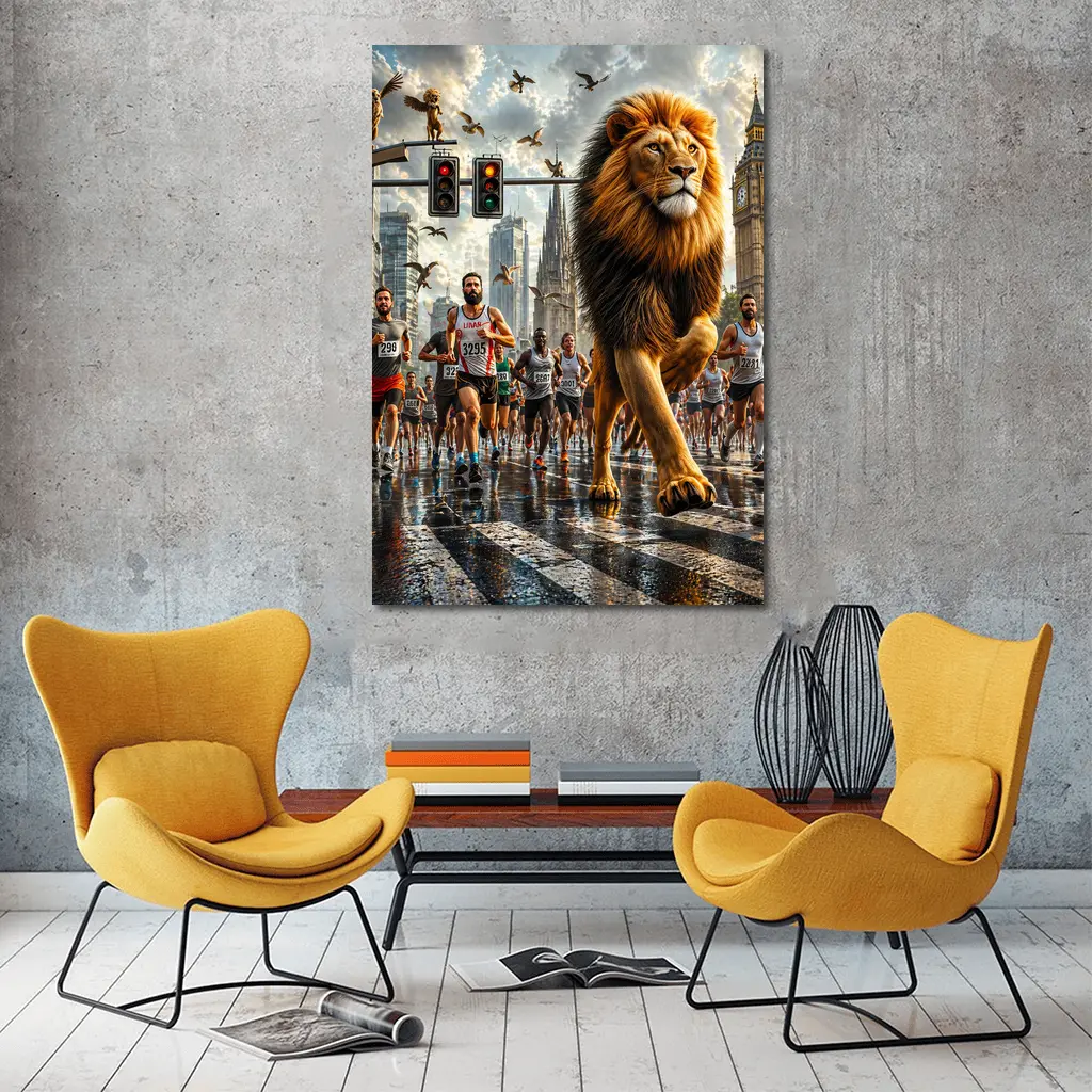 Lion Leading City Marathon Race Urban Street – Wall Art
