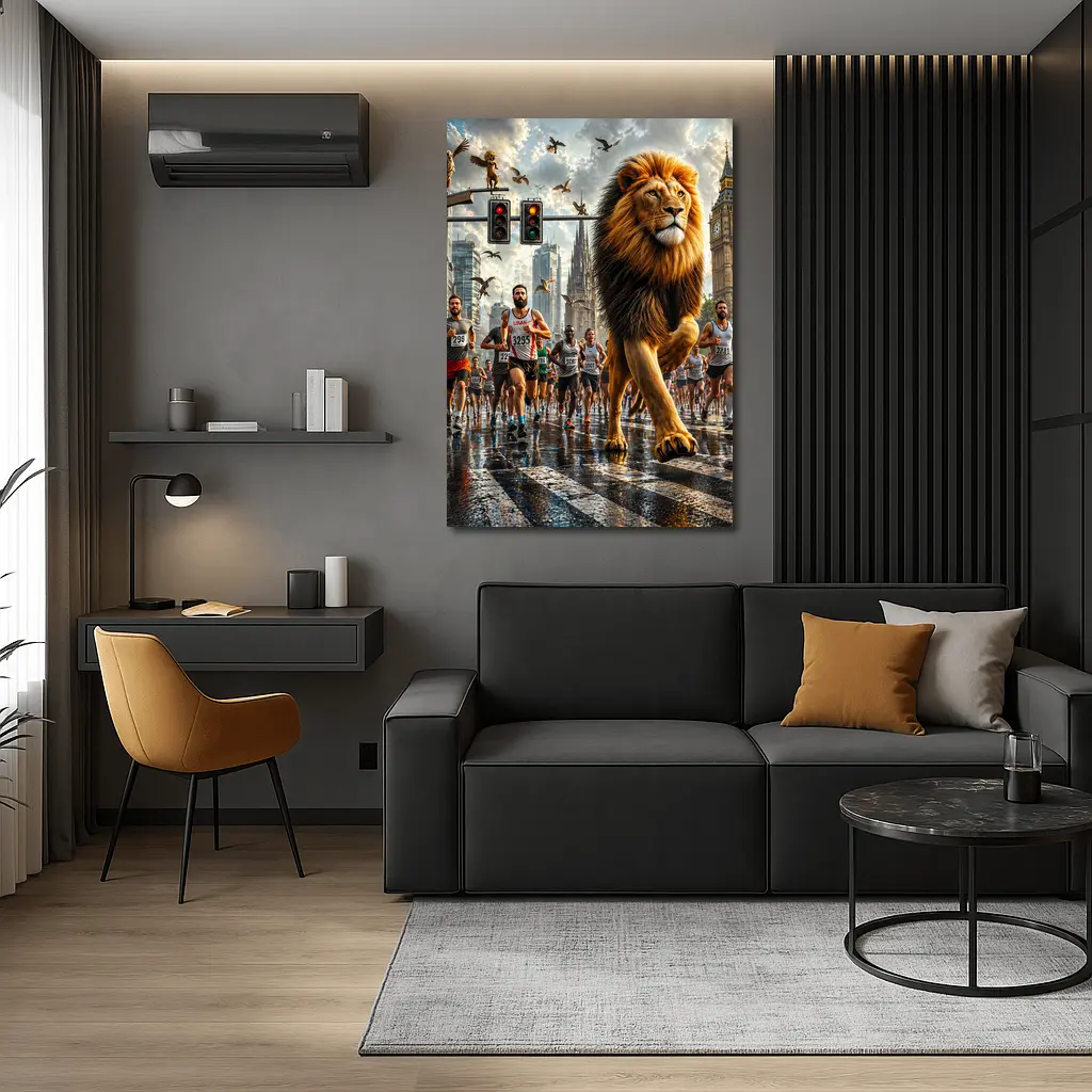 Lion Leading City Marathon Race Urban Street – Wall Art
