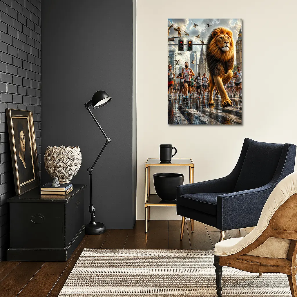Lion Leading City Marathon Race Urban Street – Wall Art