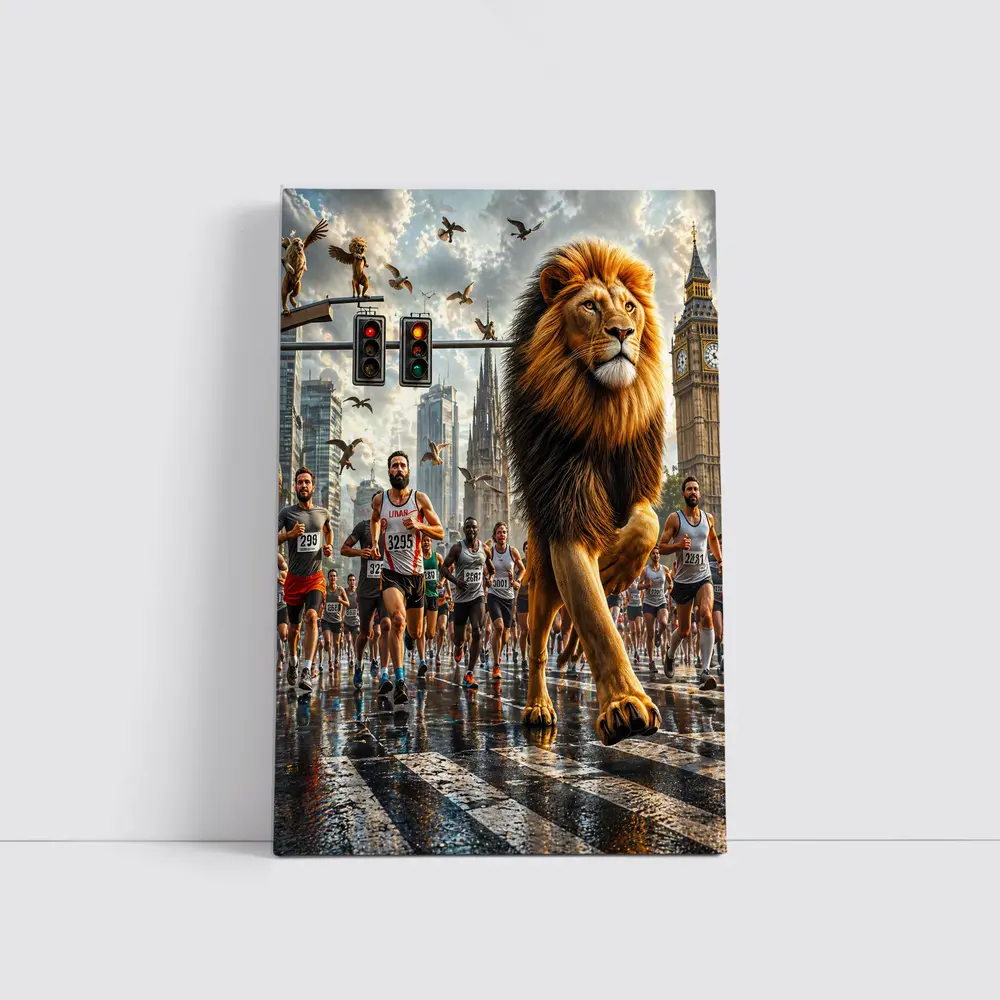 Lion Leading City Marathon Race Urban Street – Wall Art