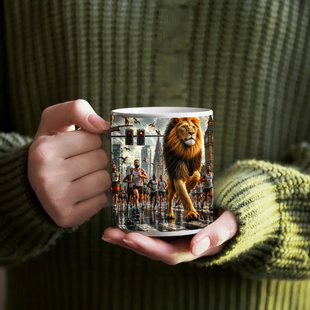 Lion Leading City Marathon Race Urban Street – Mugs
