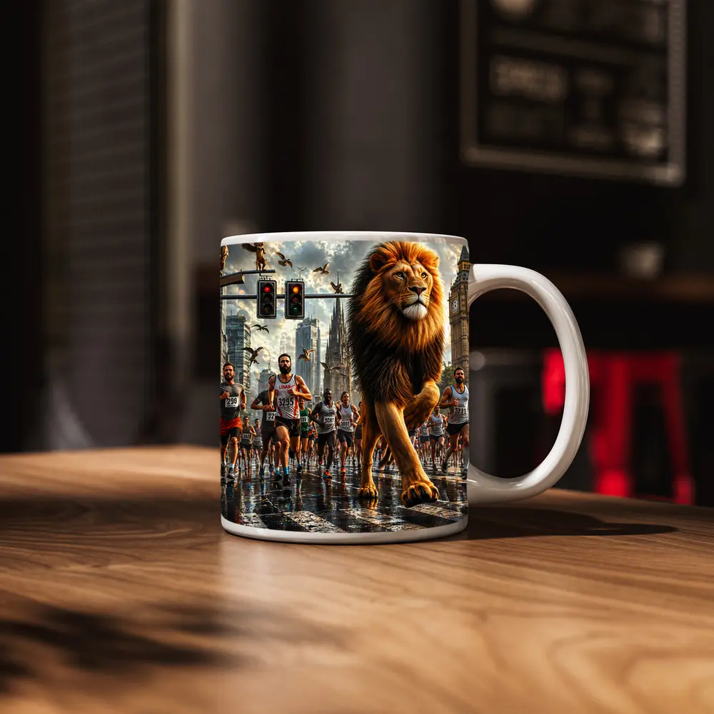 Lion Leading City Marathon Race Urban Street – Mugs
