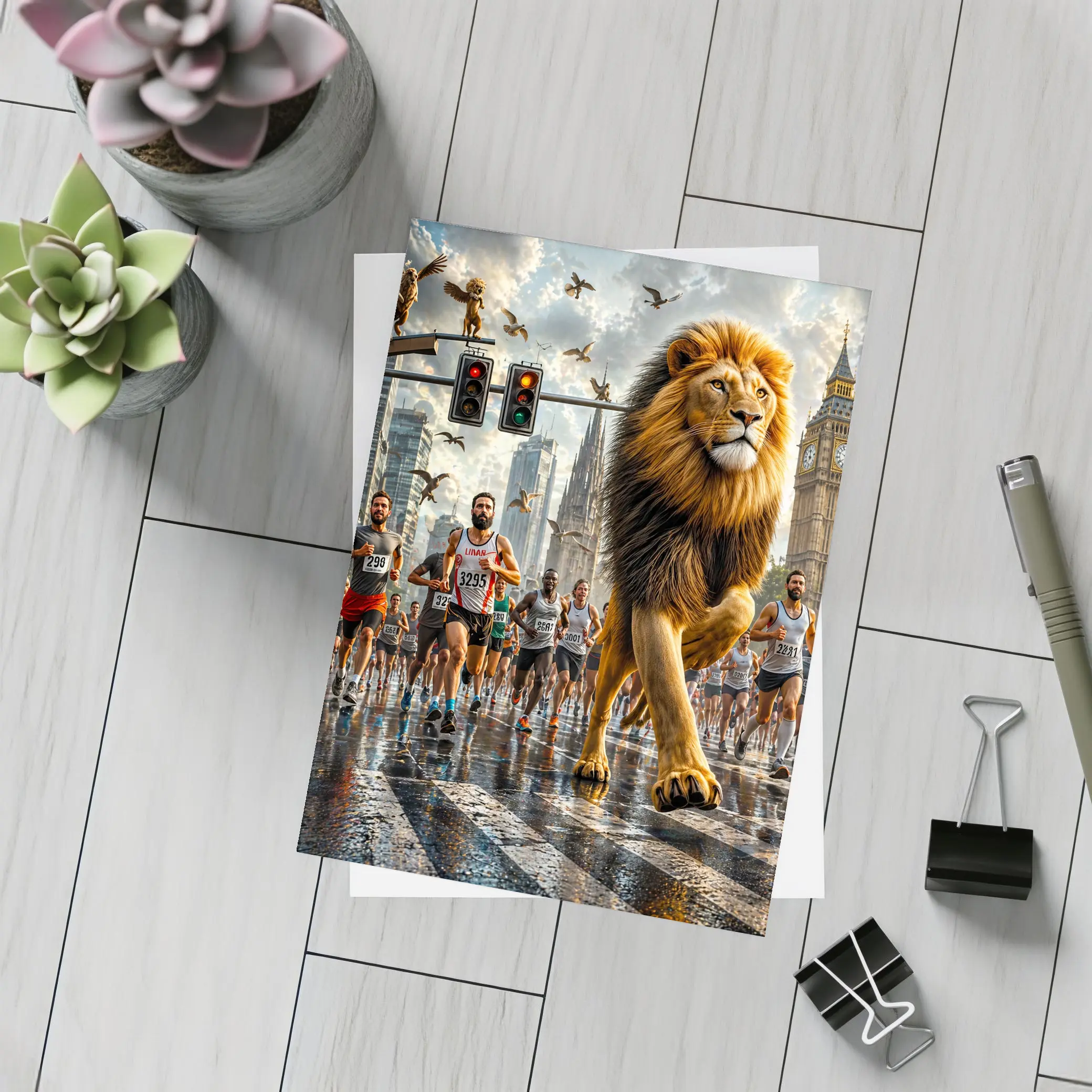 Lion Leading City Marathon Race Urban Street – Postcards