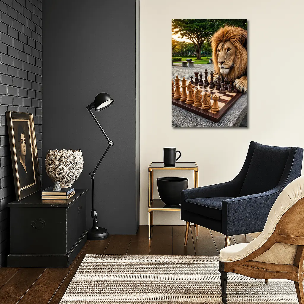 Lion Playing Chess In Park – Wall Art