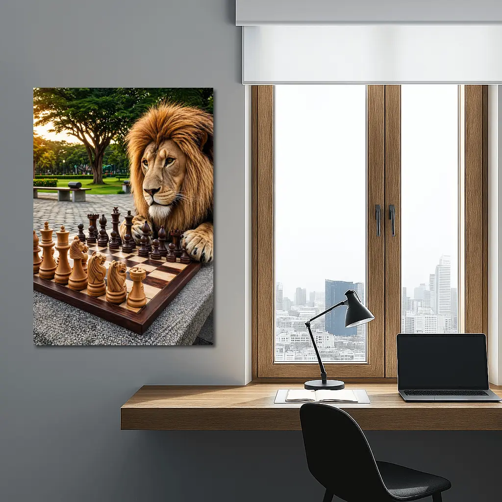 Lion Playing Chess In Park – Wall Art