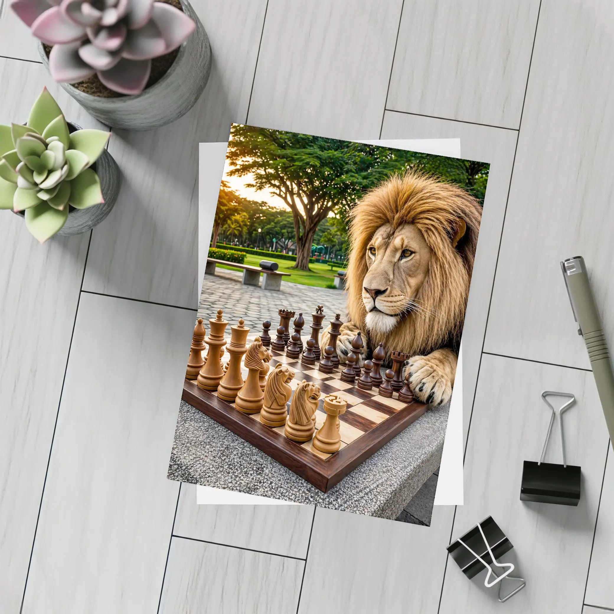 Lion Playing Chess In Park – Postcards