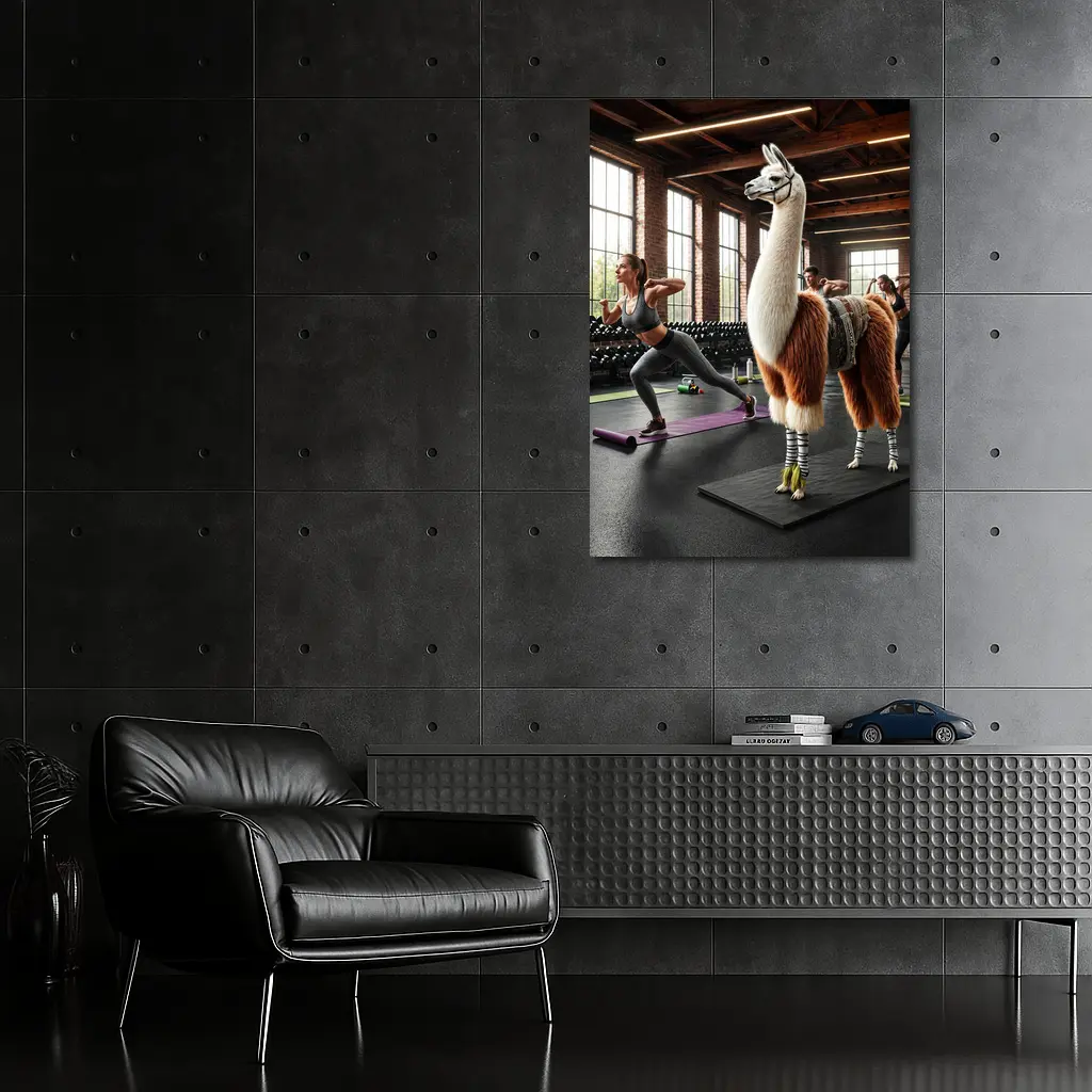 Llama Wearing Gear Inside Fitness Gym – Wall Art