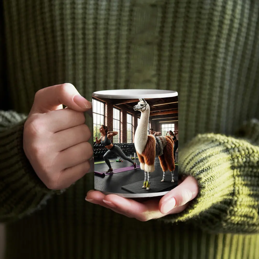 Llama Wearing Gear Inside Fitness Gym – Mugs