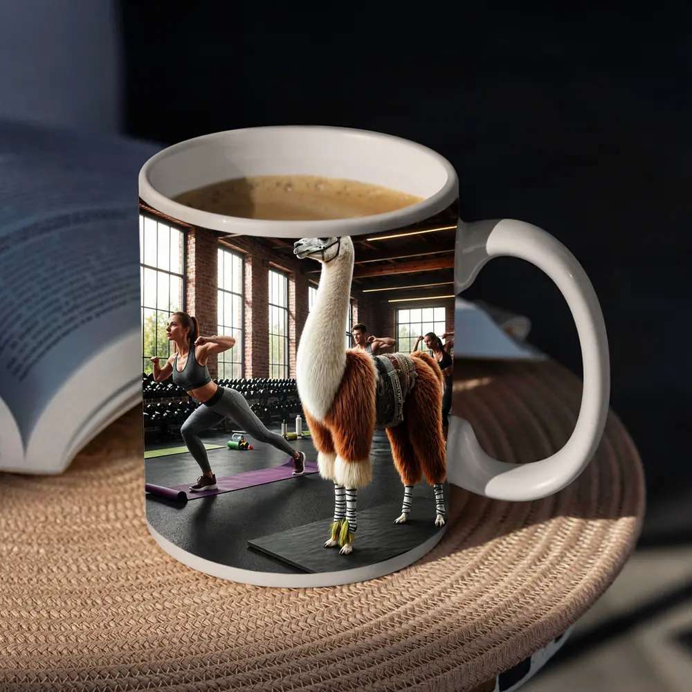 Llama Wearing Gear Inside Fitness Gym – Mugs