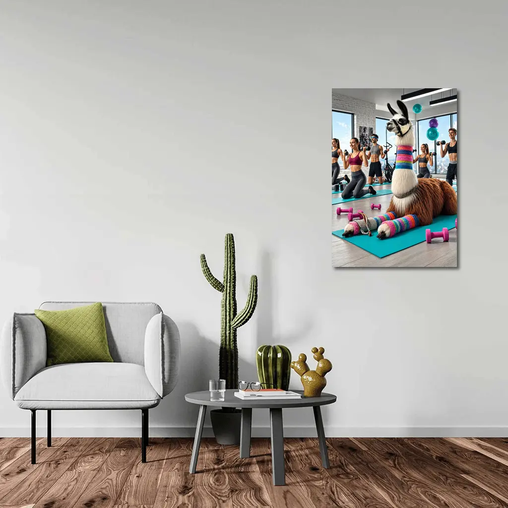 Funny Llama Resting at Colorful Gym Workout – Wall Art
