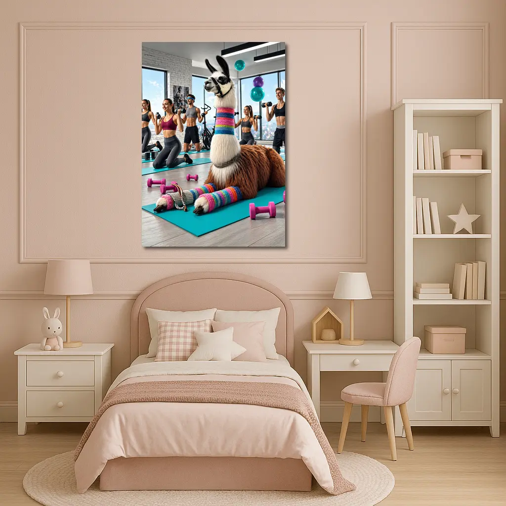 Funny Llama Resting at Colorful Gym Workout – Wall Art