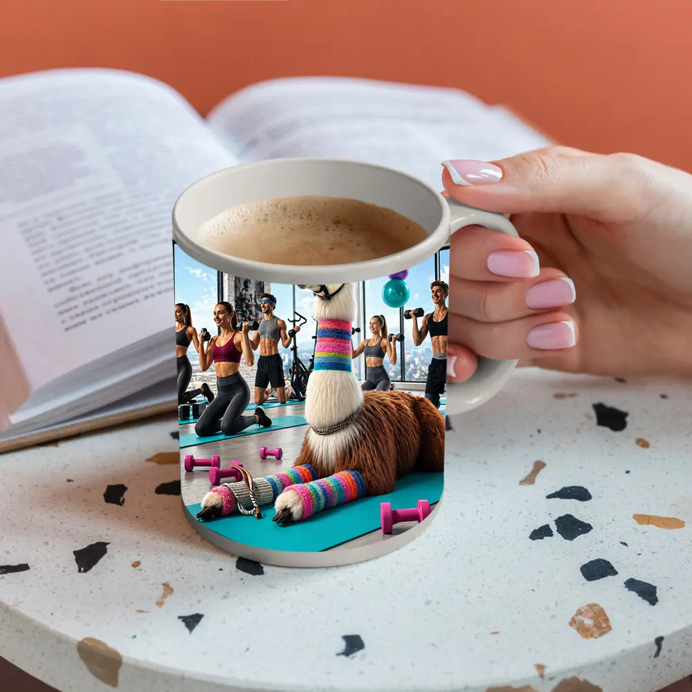 Funny Llama Resting at Colorful Gym Workout – Mugs