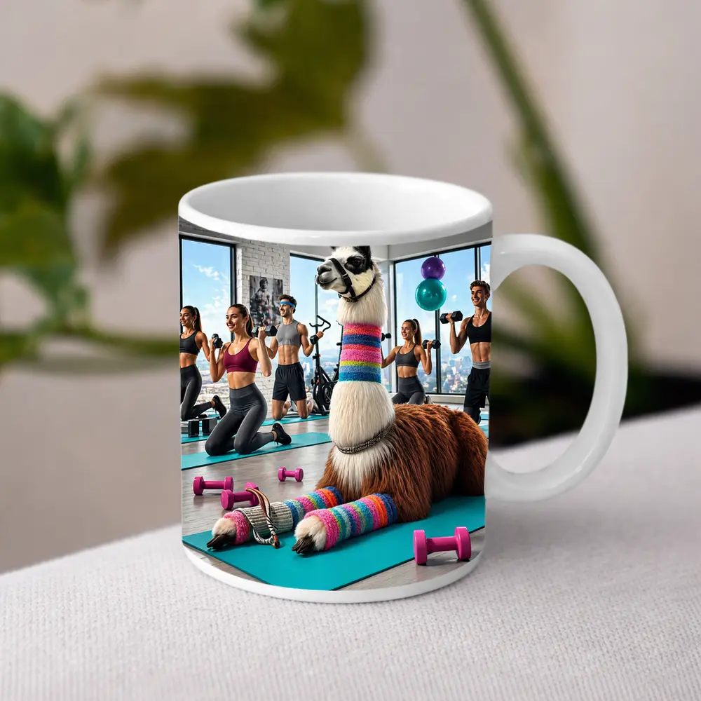 Funny Llama Resting at Colorful Gym Workout – Mugs