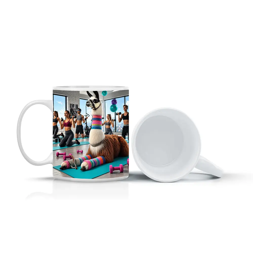 Funny Llama Resting at Colorful Gym Workout – Mugs