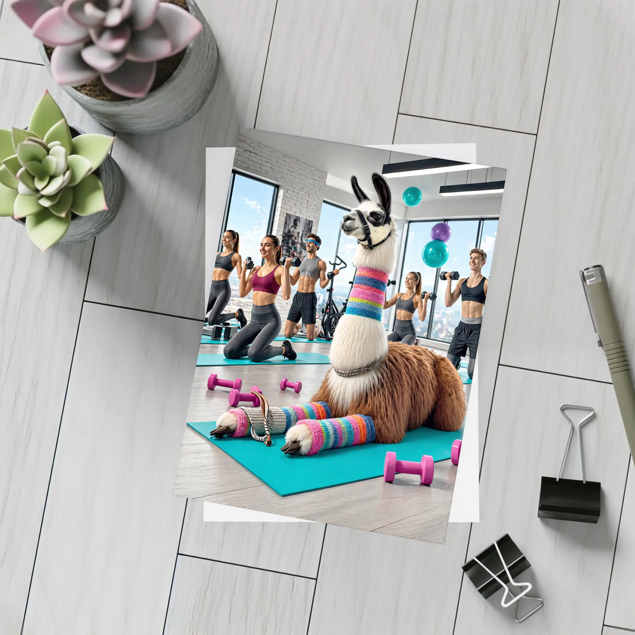 Funny Llama Resting at Colorful Gym Workout – Postcards
