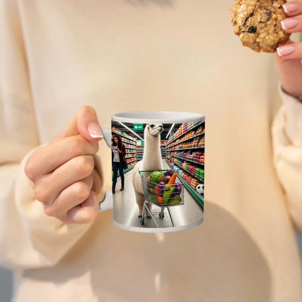 Llama Shopping Cart Grocery Store Aisle – Mugs