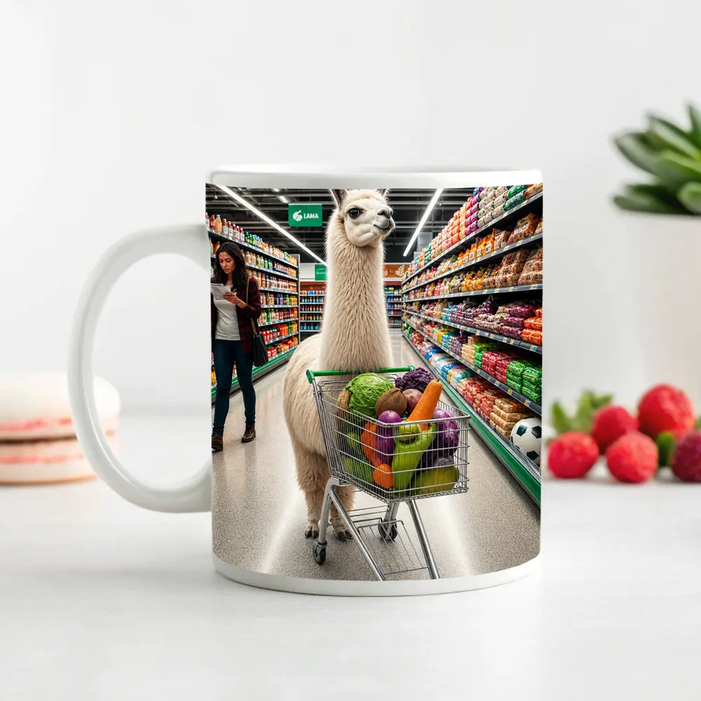 Llama Shopping Cart Grocery Store Aisle – Mugs