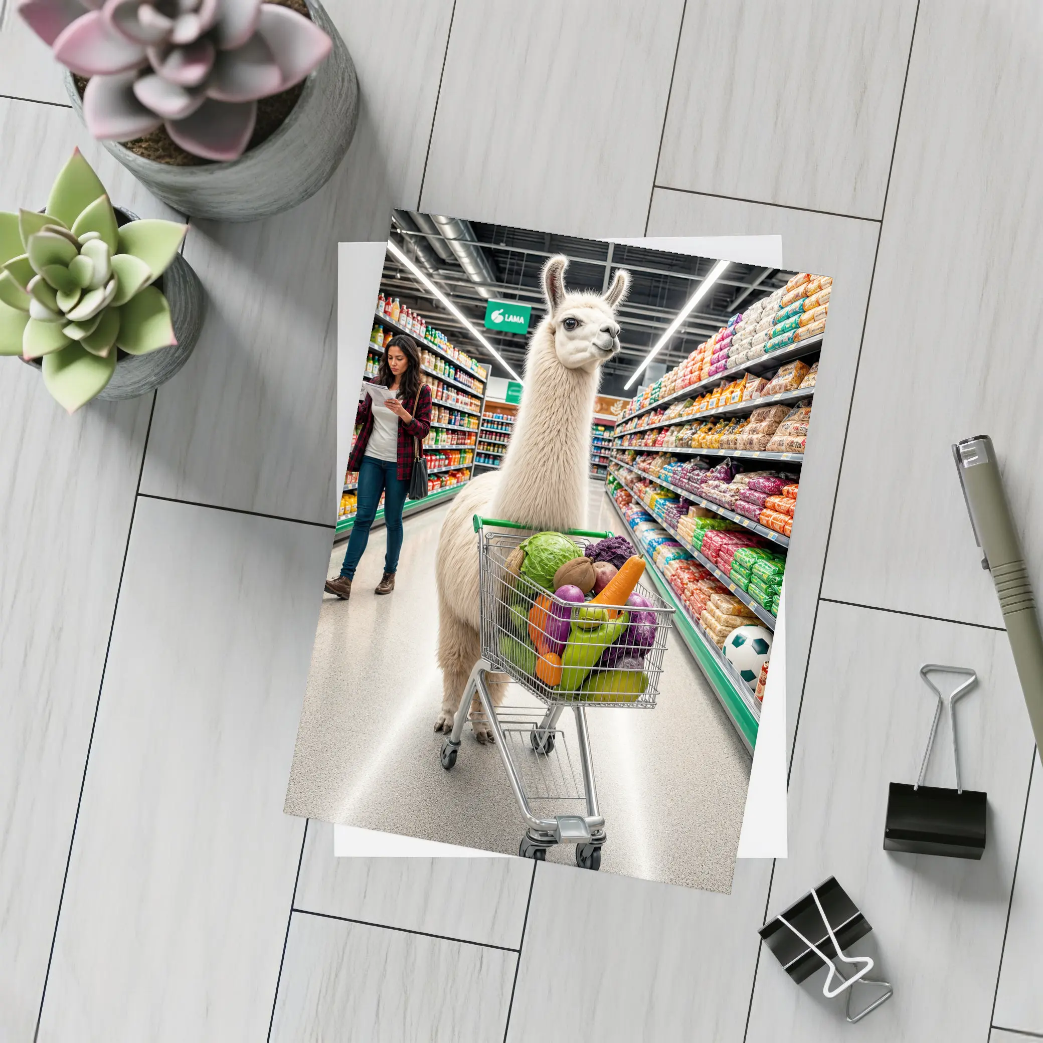 Llama Shopping Cart Grocery Store Aisle – Postcards