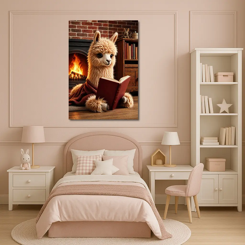 Alpaca Reading Book By Cozy Fireplace – Wall Art